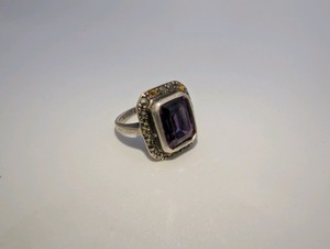 Vintage sterling silver 925 ring, rectangular bezel-set amethyst highlighted by a halo of marcasite stones, size 5.5, missing a few marcasite stones