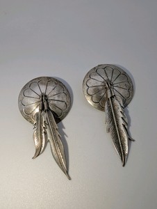 Sterling Silver Navajo Concho Feather Post Dangle Earrings