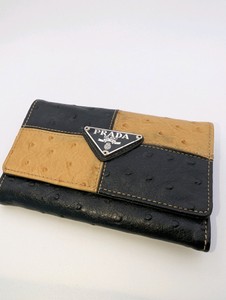 Prada Milano wallet ostrich leather tanblack pattern- unauthenticated