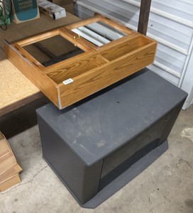 Oak over-the-toilet bathroom wall cabinet with glass doors and magazine rack small entertainment center