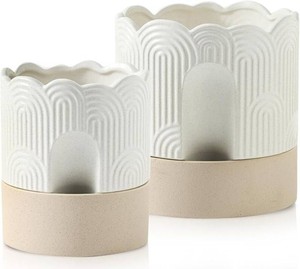Nihow Self Watering Plant Pot for IndooBrand New - r Plants  6 Inch & 8 Inch Ceramic Planter with Drainage Hole & Water Storage - Relief Design Beige & Nature Flower Pot -Set of 2