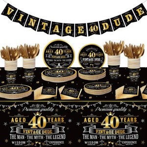 183 Pcs Vintage 40th Party Tableware Set, Black Gold Vintage Happy 40 Birthday Decorations