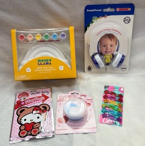 Lot of Kids Toys - Mondo Llama paint set, Buddy phone headset, Hello Kitty play pack, Hello Kitty, slime and snap and go clips