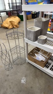 Corner shower rack, toilet paper rack, 3 ironing board hooks and a three-piece porcelain bathroom set