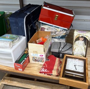Large lot of miscellaneous items, poker table, top cups, set party, supplies, doll, luggage clock, and more