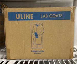 One case of brand new Uline brand 4X large latex free white Polly propylene lab coats