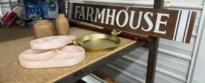 Lot of home decor, including 6 foot fold out fan 4 foot wood farmhouse, sign, and other decorations