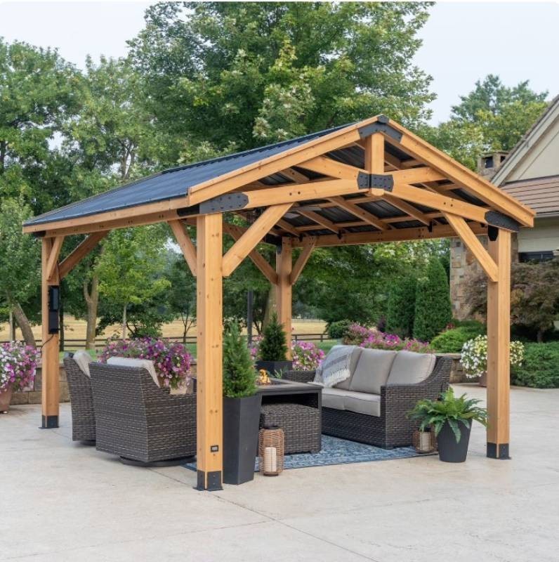 Backyard Discovery 14 x 12 Cedar Wood Peak Roof Gazebo with PowerPort