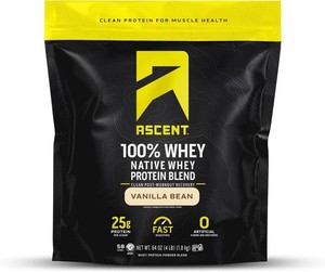 NEW Ascent 100% Whey, Native Whey Protein Blend, 5.5g BCAA, 2.6g Leucine, Vanilla Bean 4 lb. BB 0228
