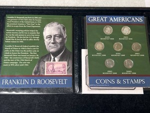 GREAT AMERICANS COINS & STAMPS 7 COIN ROOSEVELT DIME BOOK