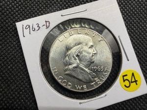 1963-D Brilliant Uncirculated Silver Franklin Half Dollar