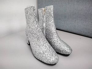 Unbranded Silver Glitter Block-Heel Ankle Boots Womens Size 235 (US 6.5) New