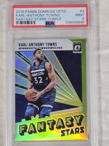 Karl-Anthony Towns 2018 Panini Donruss Optic Fantasy Stars-Purple #4 PSA Graded Mint 9 - Minnesota Timberwolves Basketball Card