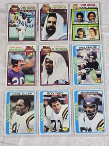 Lot of 9 Minnesota Vikings Vintage Football Cards featuring Chuck Foreman, Jim Marshall, Carl Eller, Paul Krause, Ron Yary, and Bobby Bryant