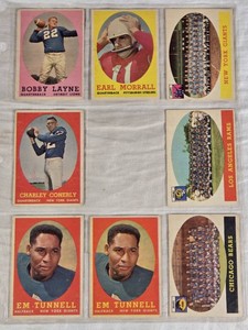 Lot of 8 Vintage Football Cards from the 50s60s era Including Emlen Tunnell, Bobby Layne, Charley Conerly, and Earl Morrall