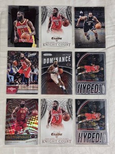 Lot of 9 James Harden Basketball Cards including Excalibur Knight Court (corners), Panini Revolution Supernova, and Select cards with features such as Dominance and Hyped inserts.