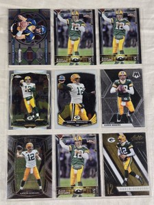 Lot of 9 Aaron Rodgers Football Cards featuring Panini Prizm Draft Picks, Topps Chrome, and Mosaic.