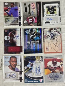 Lot of 9 Football Auto Cards Featuring Trey Ragas, Ace Sanders, Chris Claiborne, and Others with Autographs and Rookie Features.