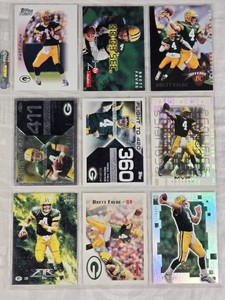 Lot of 9 Brett Favre Football Cards including Topps and Upper Deck brands with holographic and special edition features - Green Bay Packers Football Cards