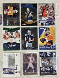 Lot of 9 Peyton Manning Football Cards featuring Topps Platinum, Super Bowl XLVIII, and 4000 Yard Club among others.