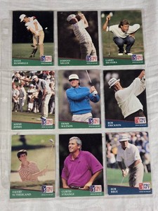 Lot of 9 Golf Sports Cards featuring notable players like Curtis Strange and Johnny Miller