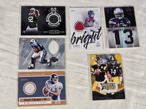 Lot of 6 Football Cards Featuring Leonard Williams, Calvin Ridley, Keenan Allen, Ben Roethlisberger, Sammie Coates, Eddie George, and Daunte Culpepper. Includes Rookies, Player-Worn Jerseys, and Special Features.
