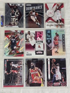 Lot of 9 James Harden Basketball Cards including Panini Threads, Excalibur Juggernauts, Dominance Prism, and Season Ticket