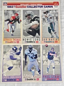 Lot of 6 Football Cards Featuring Derrick Thomas, Howie Long, Dan Marino, Chris Doleman, Vaughan Johnson, and Phil Simms - 1993 McDonalds NFL GameDay Collector Cards