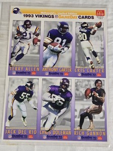 Lot of 6 Minnesota Vikings 1993 NFL Gameday Football Cards Featuring Terry Allen, Anthony Carter, Cris Carter, Jack Del Rio, Chris Doleman, and Rich Gannon - McDonalds Limited Edition Set.