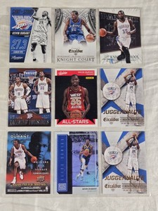 Lot of 9 Kevin Durant Basketball Cards. Cards feature different sets and themes including Panini, Excalibur Knight Court, Juggernauts, All-Stars, and Talented Twosomes