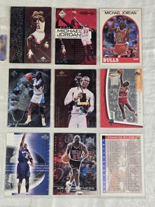 Lot of 9 Michael Jordan Basketball Cards featuring Upper Deck Jam Time, NBA MVP, Honor Roll, and Air Greatness.