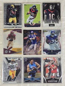 Lot of 9 Rookie Football Cards Featuring Players Like DeAndre Hopkins, Eddie Lacy, Chase Young, Jameis Winston, AJ Dillon, Luke Kuechly Teddy Bridgewater, and Odell Beckham Jr. Includes Rookie and Special Cards.