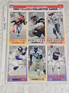 1993 McDonalds Limited Edition Collector Sheet with Dan Marino, Phil Simms, Howie Long, Derrick Thomas, Chris Doleman, and Vaughan Johnson
