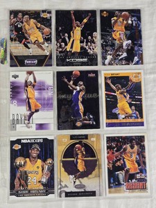 Lot of 9 Kobe Bryant Basketball Cards featuring NBA Hoops, Upper Deck, and Fleer with various action shots and statistics on the back.
