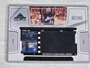 Karl Malone 2001-02 Fleer Feature Presentation Authentic Game-Worn Jersey #20A and Numbered 190250 - Utah Jazz Basketball Card - Larger Card