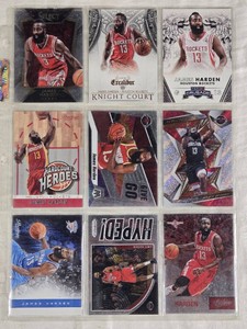 Lot of 9 James Harden Basketball Cards Featuring Panini, Excalibur, Prism, and Select Series.
