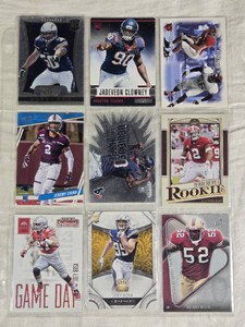 Lot of 9 Football Cards Featuring Players like Jadeveon Clowney and Joey Bosa with Rookie Features and Brands like Panini and Upper Deck.