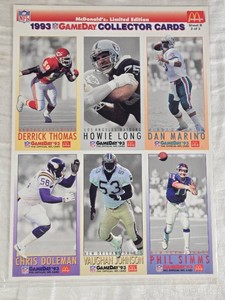 Lot of 6 Football Cards Featuring Chris Doleman, Derrick Thomas, Howie Long, Dan Marino, Phil Simms, and Vaughan Johnson. 1993 McDonalds Limited Edition NFL Gameday Collector Cards.