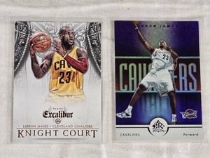 Lot of 2 LeBron James Basketball Cards featuring Cleveland Cavaliers era, including SP Reflections and Panini Crusade Knight Court.