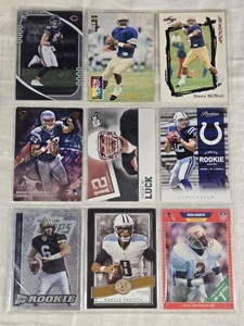 Lot of 9 Football Cards Featuring Andrew Luck, Jimmy Garoppolo, Jay Cutler, Marcus Mariota, Steve McNair, and Deion Sanders Including Rookie Cards