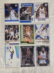 Lot of 9 Kevin Durant Basketball Cards featuring Oklahoma City Thunder, Golden State Warriors, and Seattle Supersonics Team Cards, with special editions including 2015 All-Star Team and Select Juggernauts.