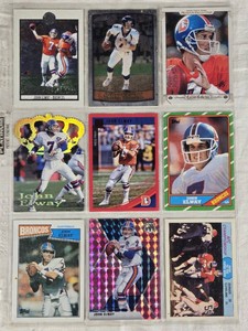 Lot of 9 John Elway Football Cards Featuring Various Brands and Special Features Including Holo and Press Proof Cards