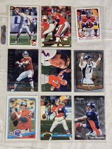 Lot of 9 John Elway Football Cards including Topps, Upper Deck, and Prestige with various designs and features.