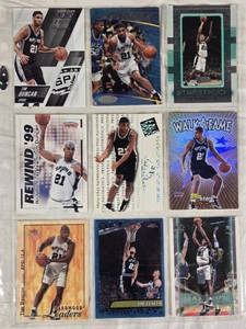 Lot of 9 Tim Duncan Basketball Cards, including Walk of Fame, Rewind 99, and Hardwood Leaders