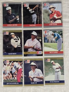 Lot of 9 Golf Trading Cards Featuring Players Like Arnold Palmer and Gary Player from Pro Set Series.