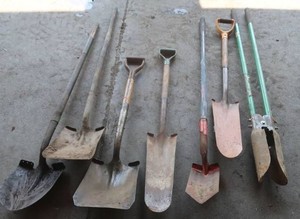 ASSORTED SHOVELS AND POST HOLE DIGGERS