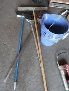 4 ASSORTED BROOMS AND 7 NICE NEW MOP BUCKETS