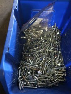 BLUE TOTE FULL OF BRAND NEW NUTS, BOLTS, WASHERS, SCREWS & MORE
