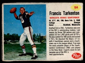 Fran Tarkenton RC 1962 Post #184 Vintage Rookie Minnesota Vikings Football Card
