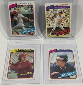1980 Topps Baseball 4 Superstar Card Lot - Rod Carew, Mike Schmidt, Carl Yastrzemski, Johnny Bench - Beautiful Condition